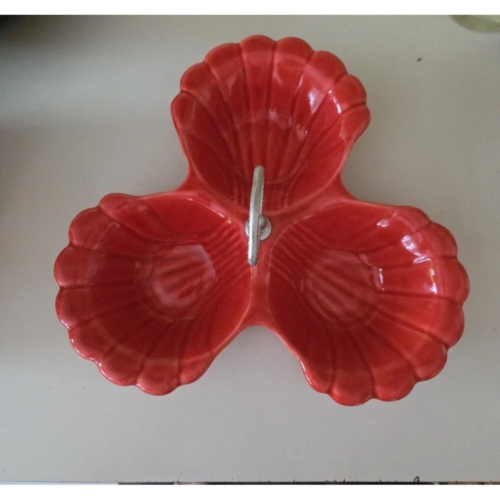 Candy/Nut Dish California Pottery~3 Section~~Orange With Ornate Handle~#41